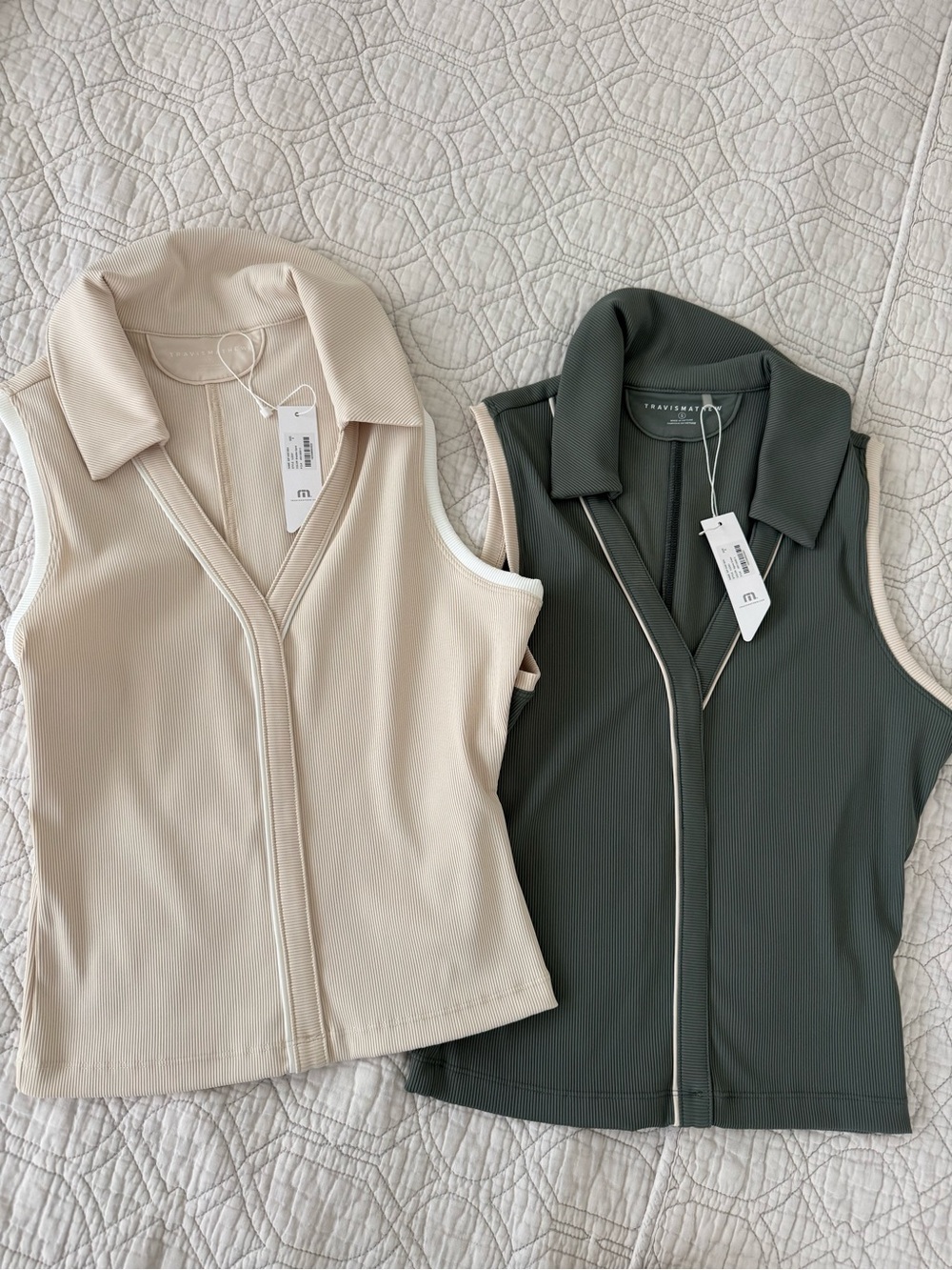 Travis Mathew Sleeveless Zip Polo Tank — Cream & Olive